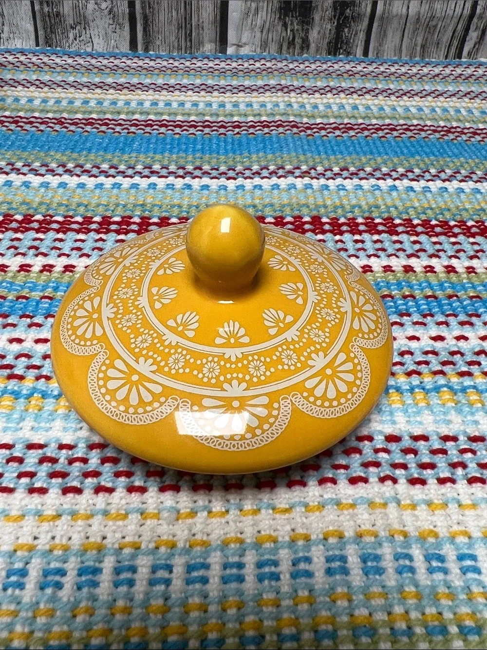 The Pioneer Woman Blossom Jubilee ceramic sugar bowl with yellow lid